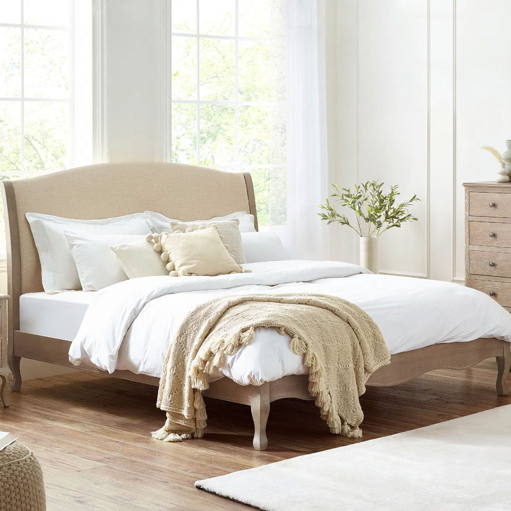 Wooden Double Bed With Linen Headboard - Camille