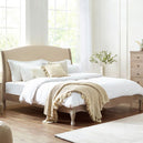 Wooden Double Bed With Linen Headboard - Camille