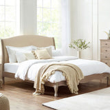 Wooden Double Bed With Linen Headboard - Camille