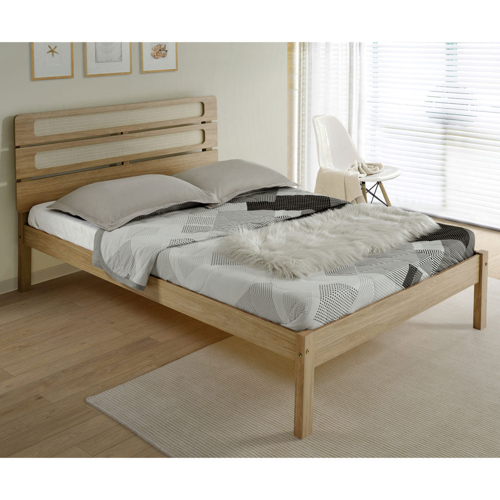 Wooden Double Bed With Rattan Effect - Santana