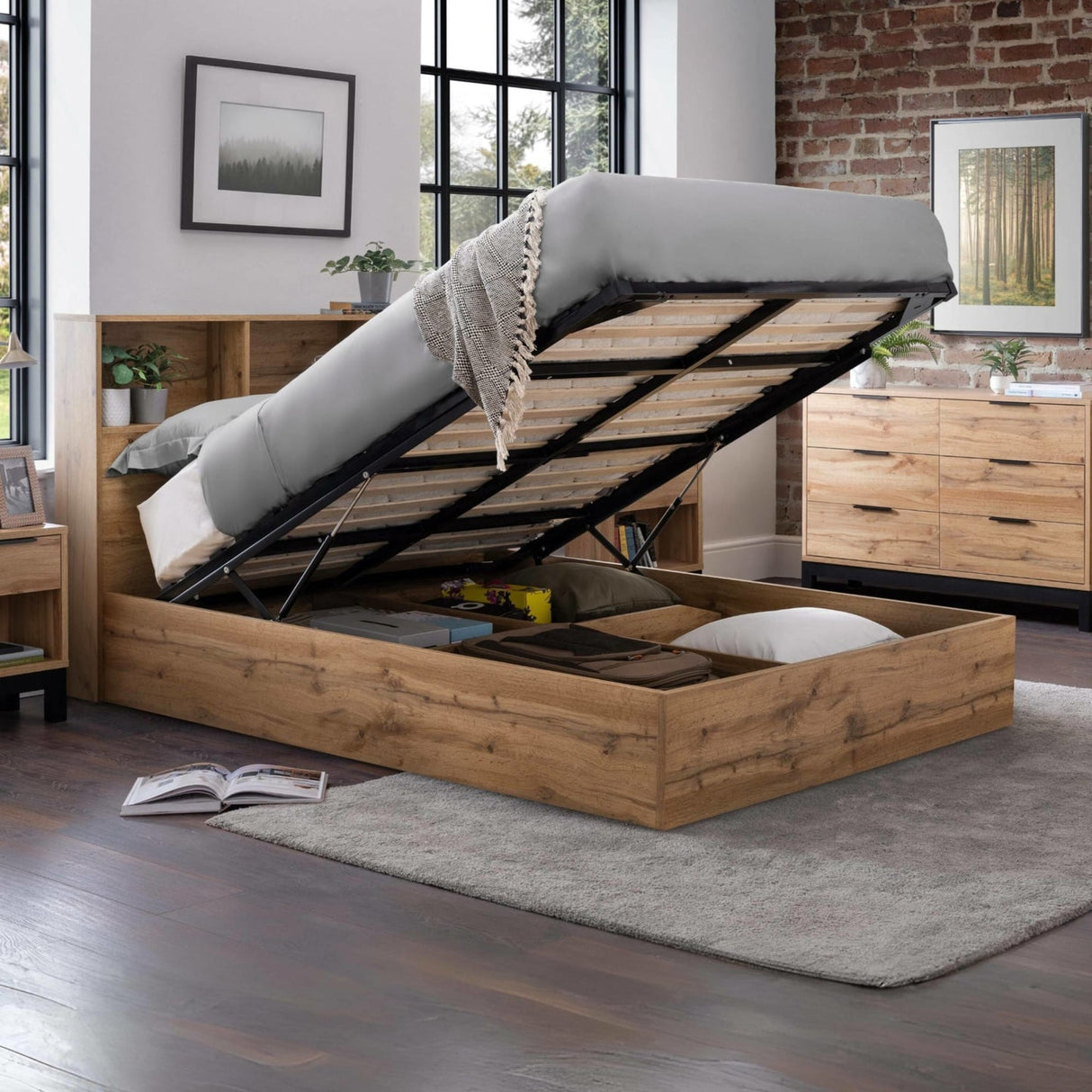 Wooden Double Ottoman Storage Bed - Bali