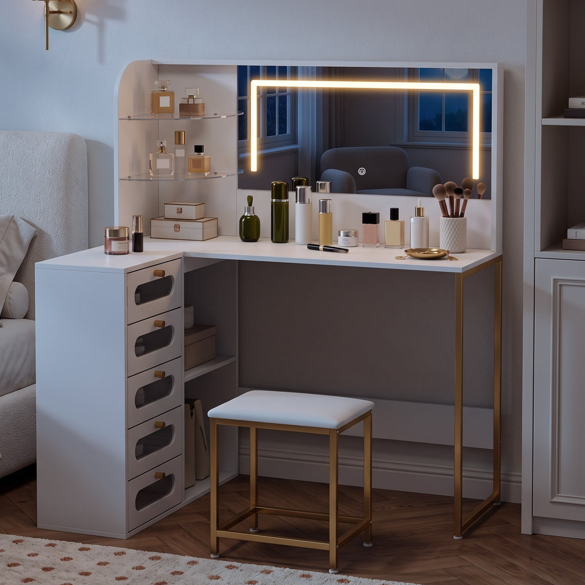 Wooden Dressing Table Set 120cm Wide L-Shaped With LED Mirror - Velmora