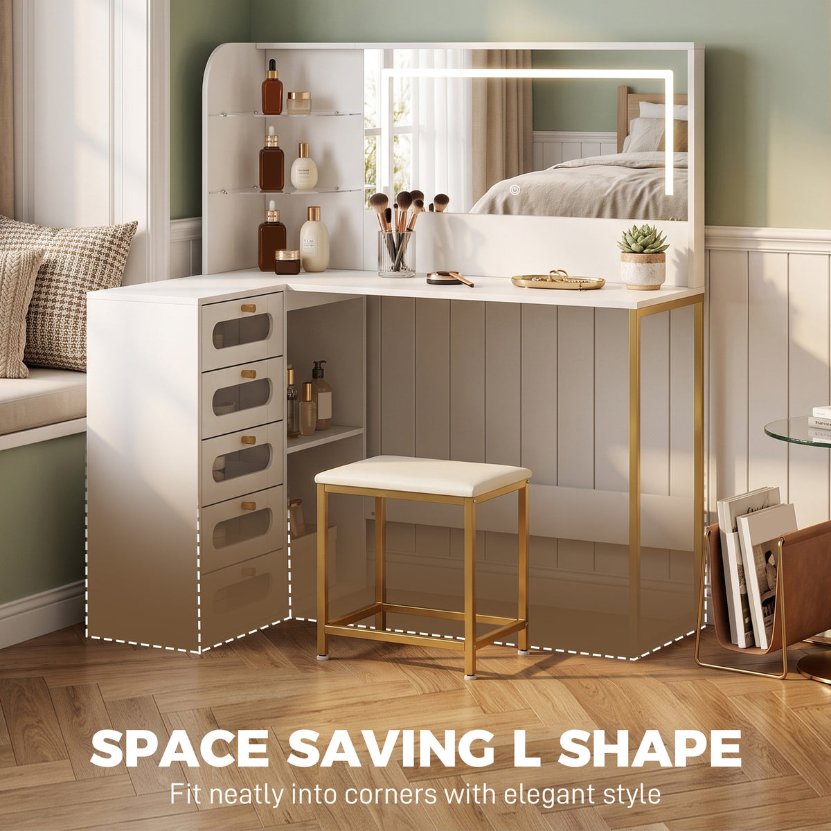 Wooden Dressing Table Set 120cm Wide L-Shaped With LED Mirror - Velmora