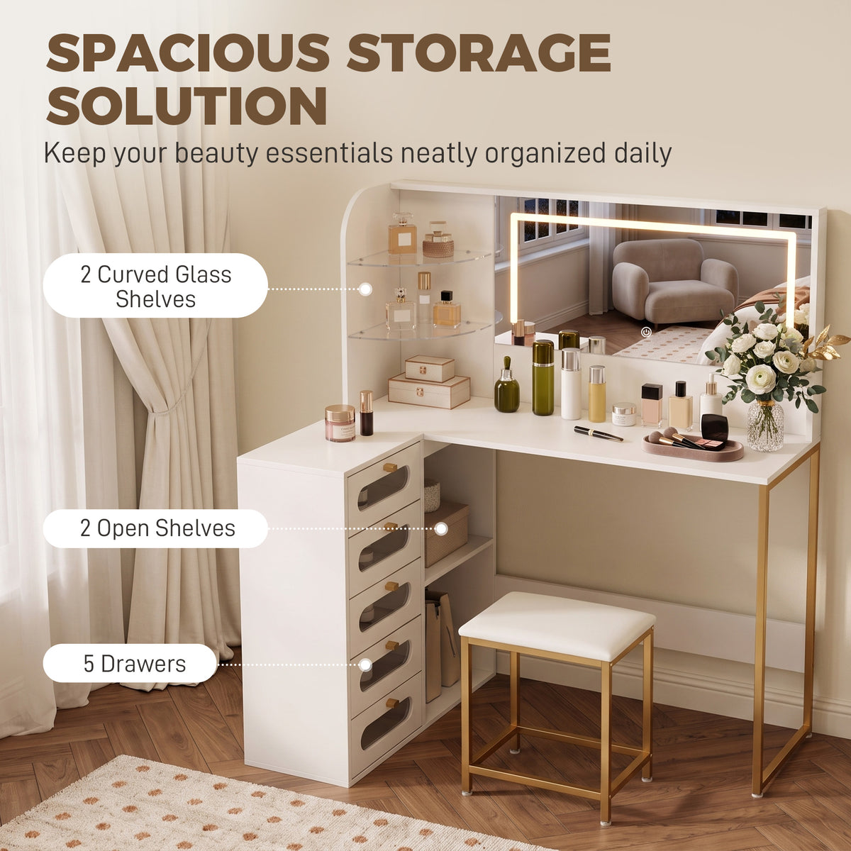 Wooden Dressing Table Set 120cm Wide L-Shaped With LED Mirror - Velmora