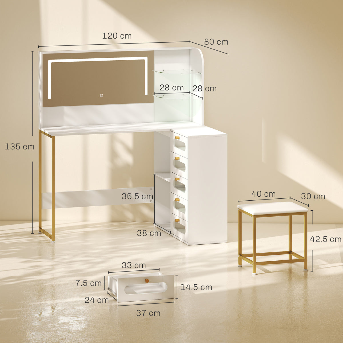 Wooden Dressing Table Set 120cm Wide L-Shaped With LED Mirror - Velmora