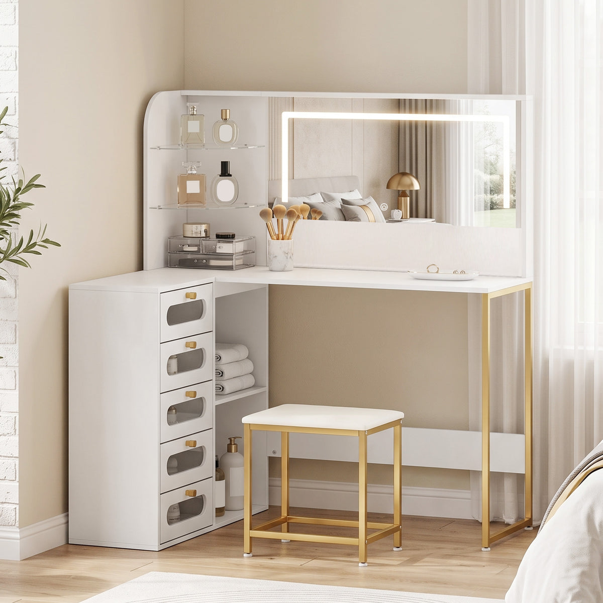 Wooden Dressing Table Set 120cm Wide L-Shaped With LED Mirror - Velmora