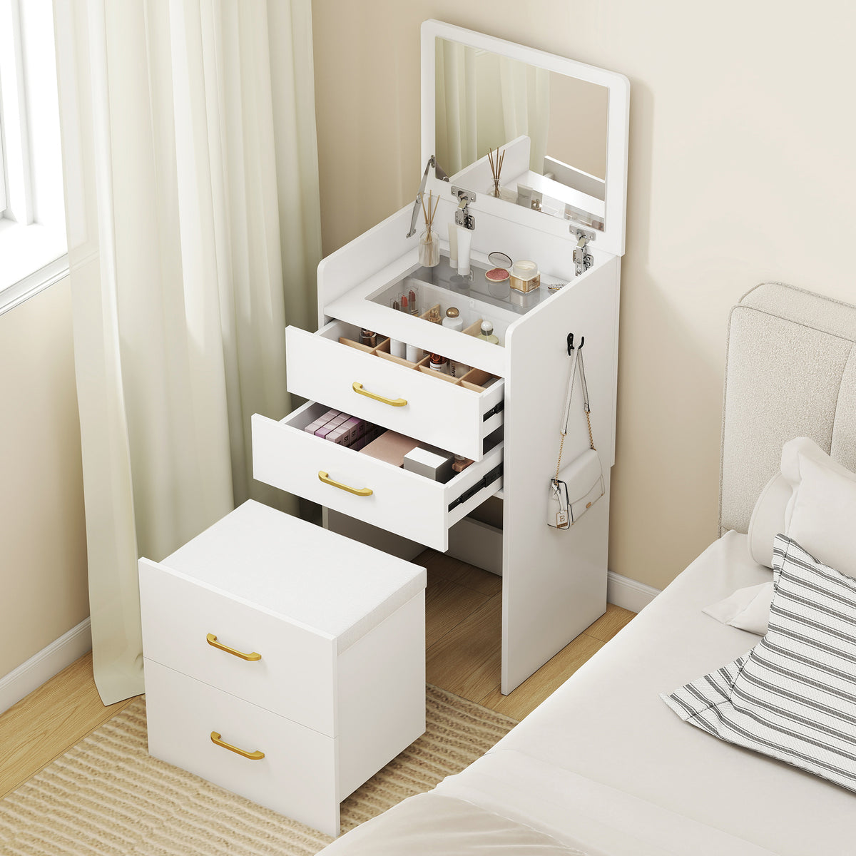 Wooden Dressing Table Set 48cm Wide - Velmora