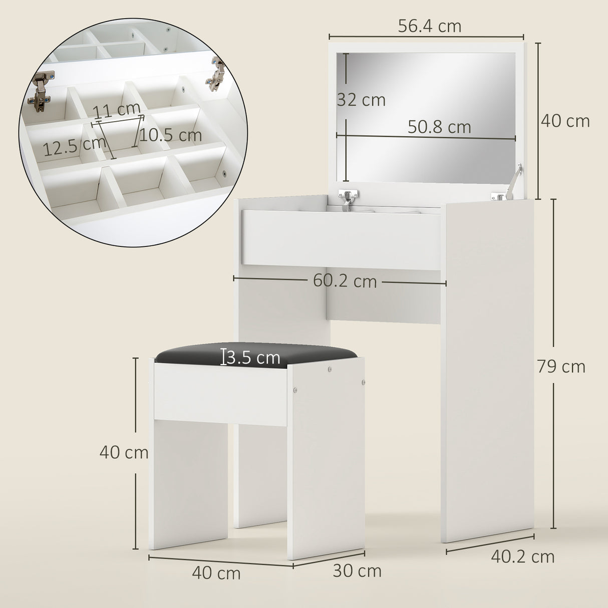 Wooden Dressing Table Set 60.2cm Wide - Velmora