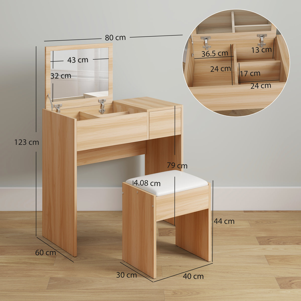 Wooden Dressing Table Set 80cm Wide - Velmora