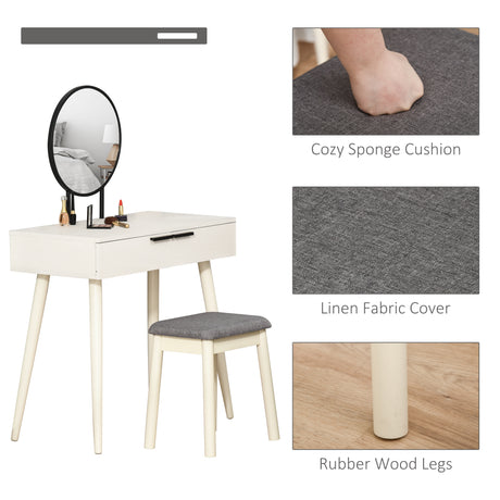 Wooden Dressing Table Set 80cm Wide With Round Mirror - Velmora