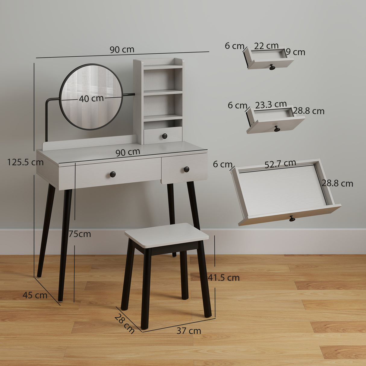 Wooden Dressing Table Set 90cm Wide - Velmora