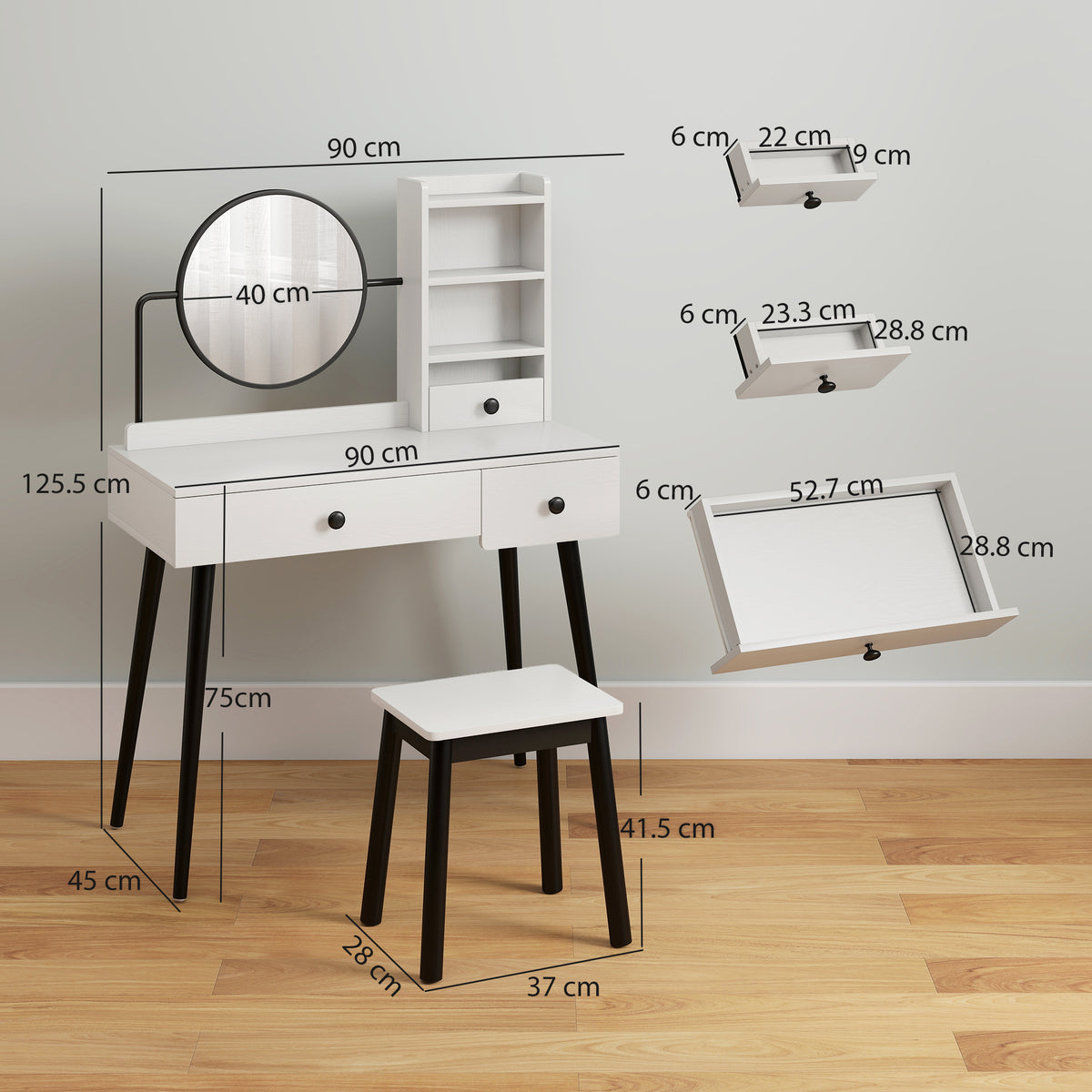 Wooden Dressing Table Set 90cm Wide - Velmora