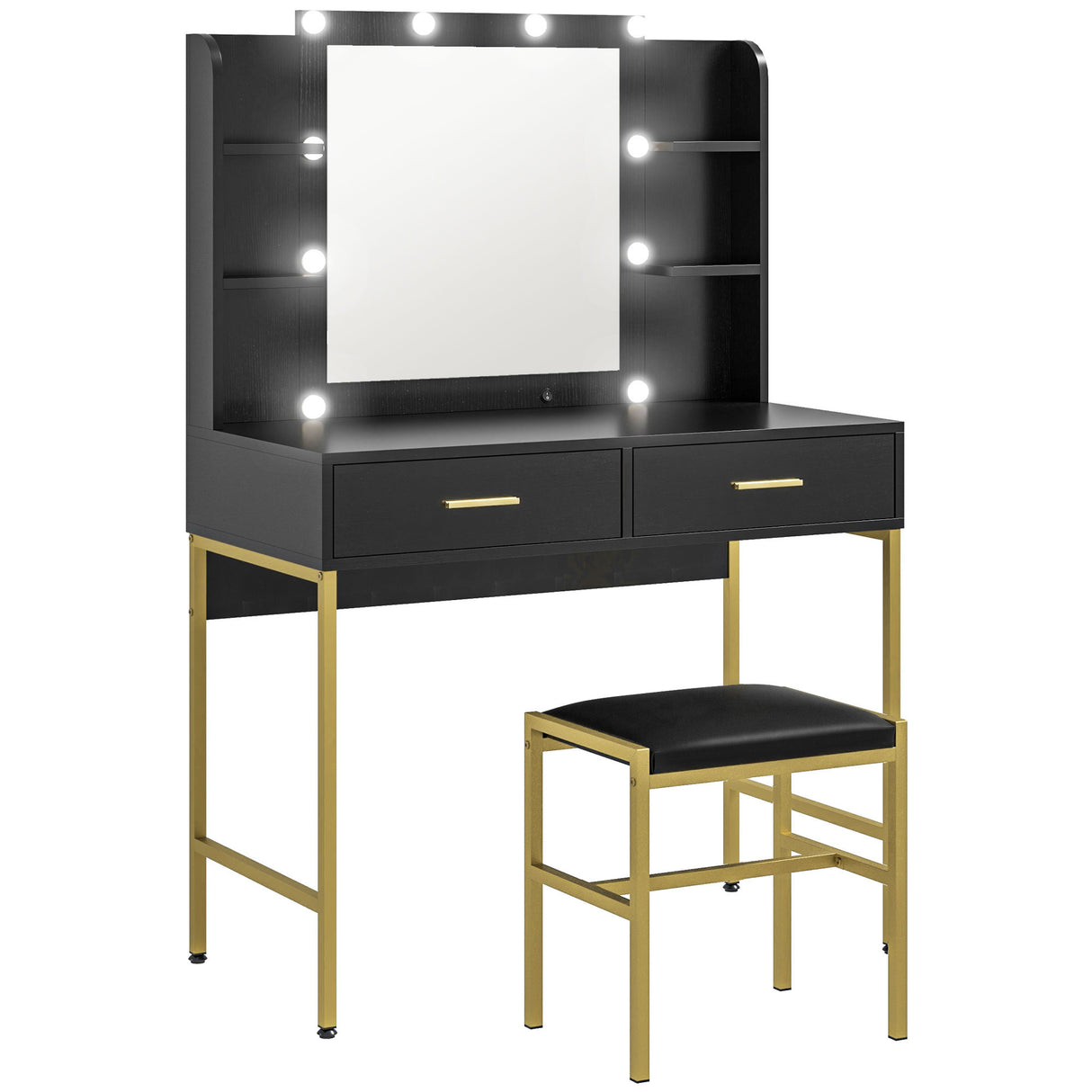 Wooden Dressing Table Set 90cm Wide With LED Lights - Velmora