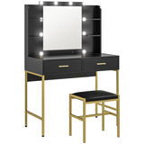 Wooden Dressing Table Set 90cm Wide With LED Lights - Velmora