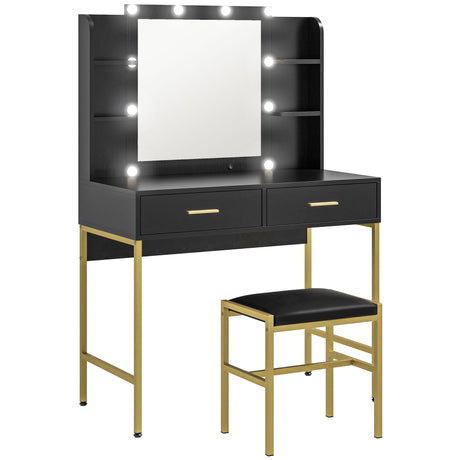 Wooden Dressing Table Set 90cm Wide With LED Lights - Velmora