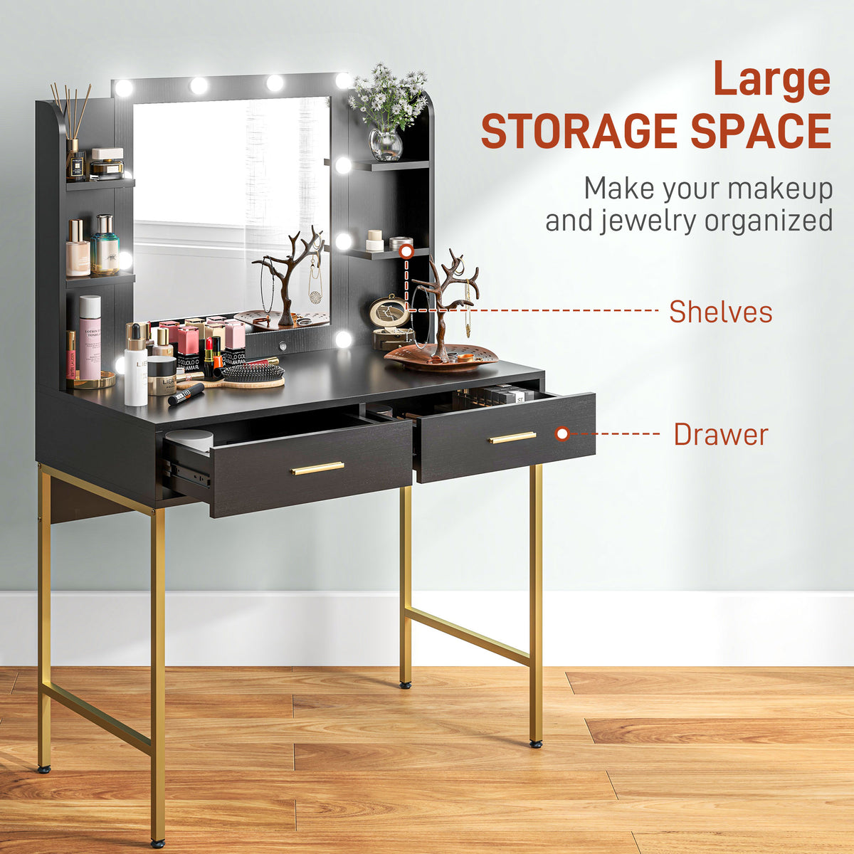 Wooden Dressing Table Set 90cm Wide With LED Lights - Velmora