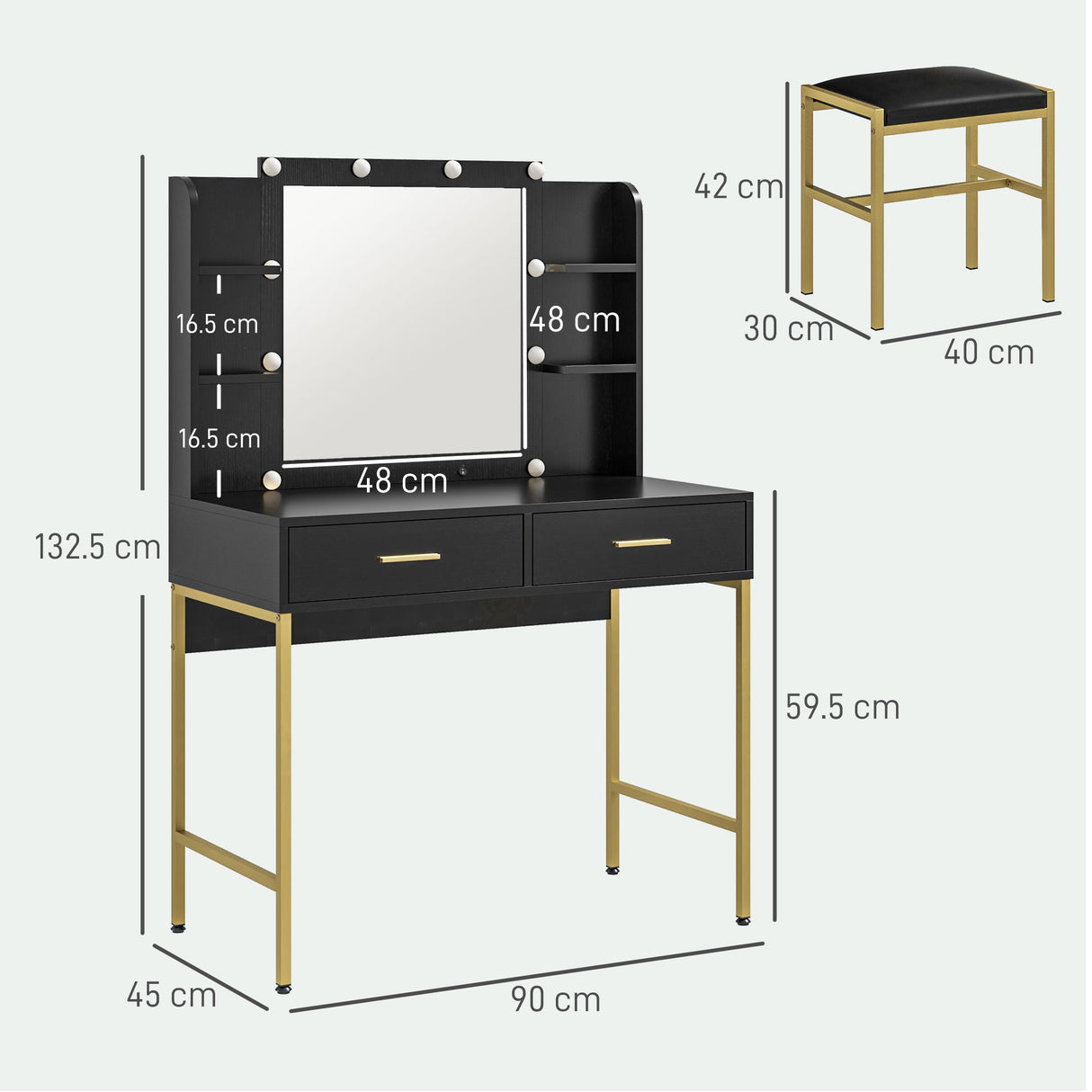 Wooden Dressing Table Set 90cm Wide With LED Lights - Velmora