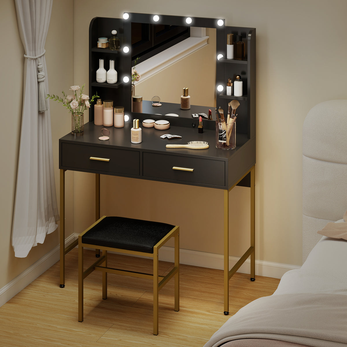 Wooden Dressing Table Set 90cm Wide With LED Lights - Velmora