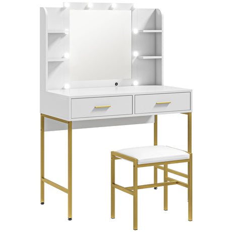 Wooden Dressing Table Set 90cm Wide With LED Lights - Velmora