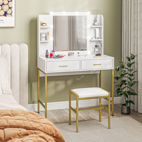 Wooden Dressing Table Set 90cm Wide With LED Lights - Velmora