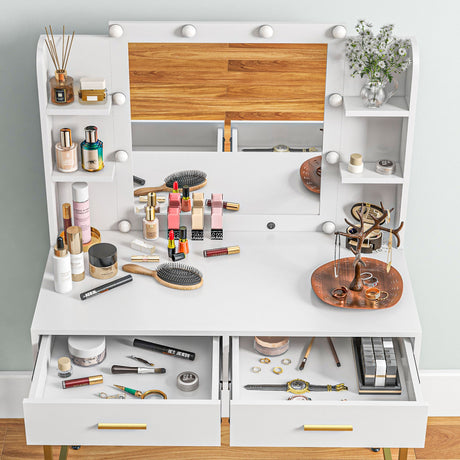 Wooden Dressing Table Set 90cm Wide With LED Lights - Velmora