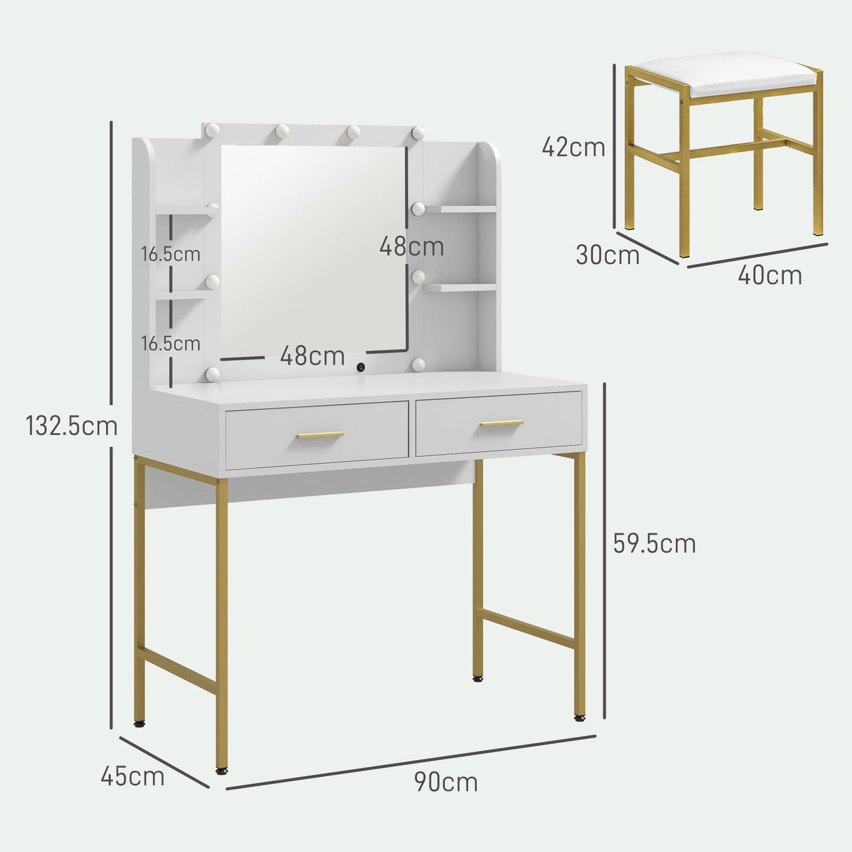 Wooden Dressing Table Set 90cm Wide With LED Lights - Velmora