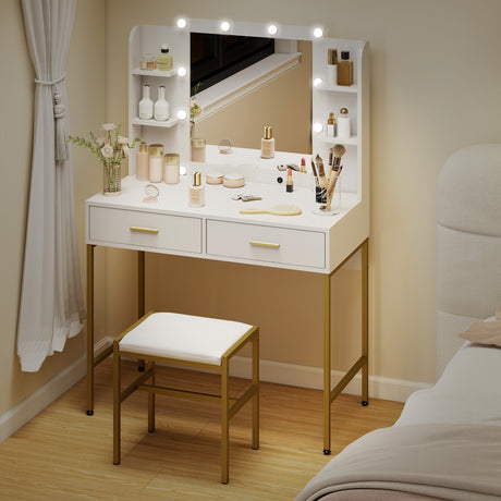 Wooden Dressing Table Set 90cm Wide With LED Lights - Velmora