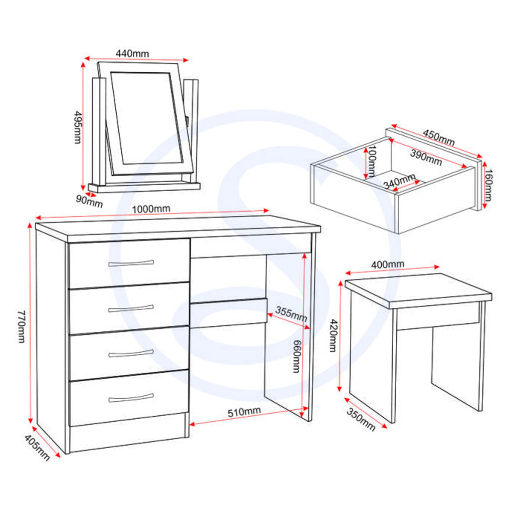 Wooden Dressing Table Set With 4 Drawers - Nevada