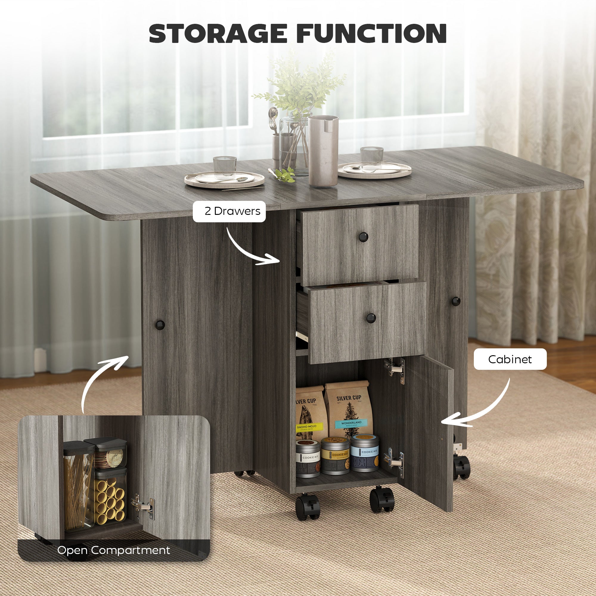 Wooden Drop Leaf Dining Table for 4 to 6 People With Multi-Storage - Velmora