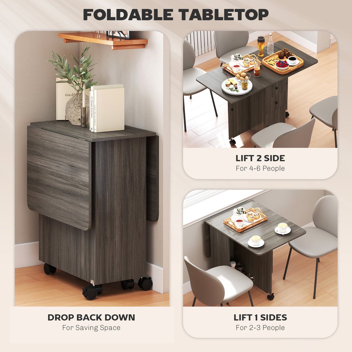 Wooden Drop Leaf Dining Table for 4 to 6 People With Multi-Storage - Velmora