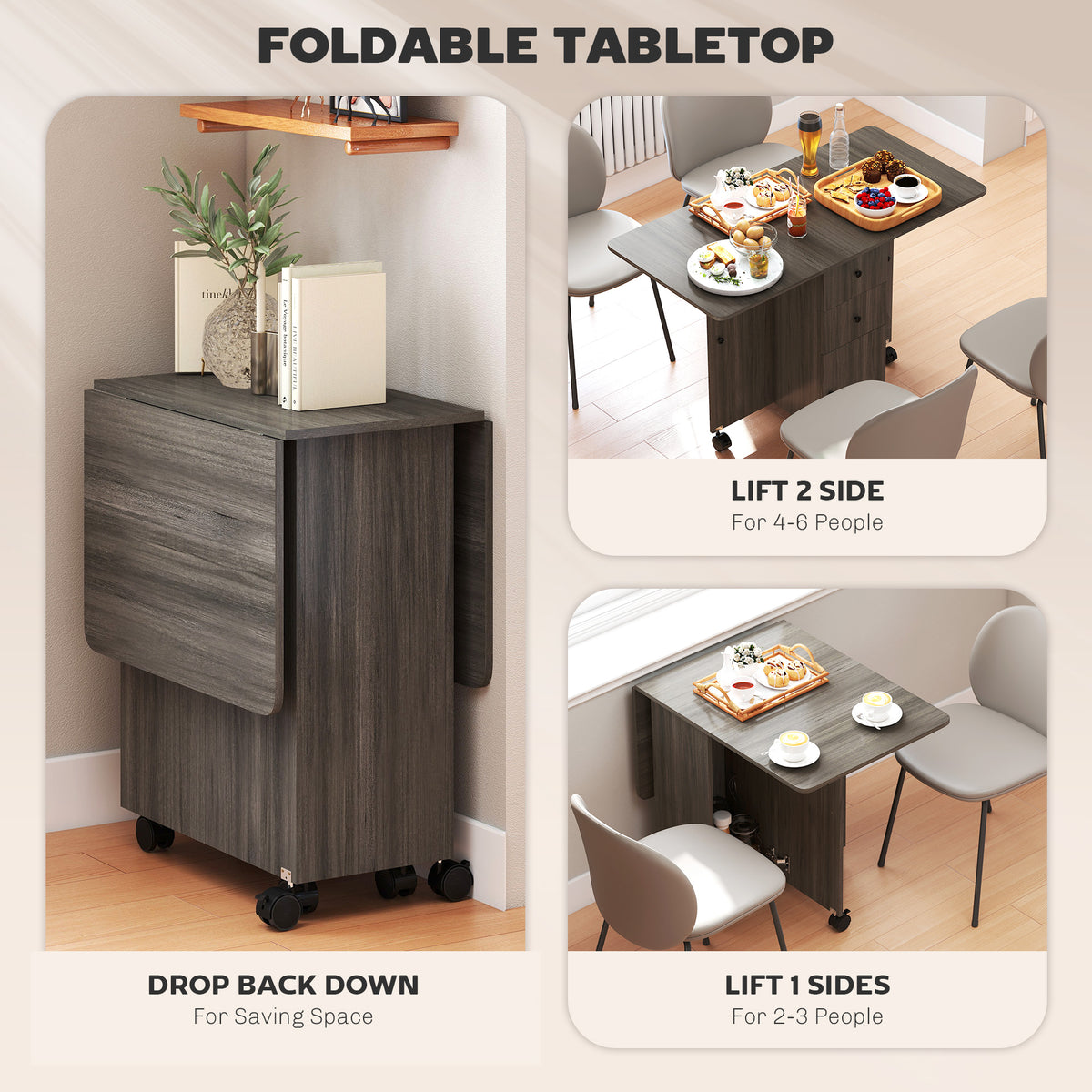 Wooden Drop Leaf Dining Table for 4 to 6 People With Multi-Storage - Velmora