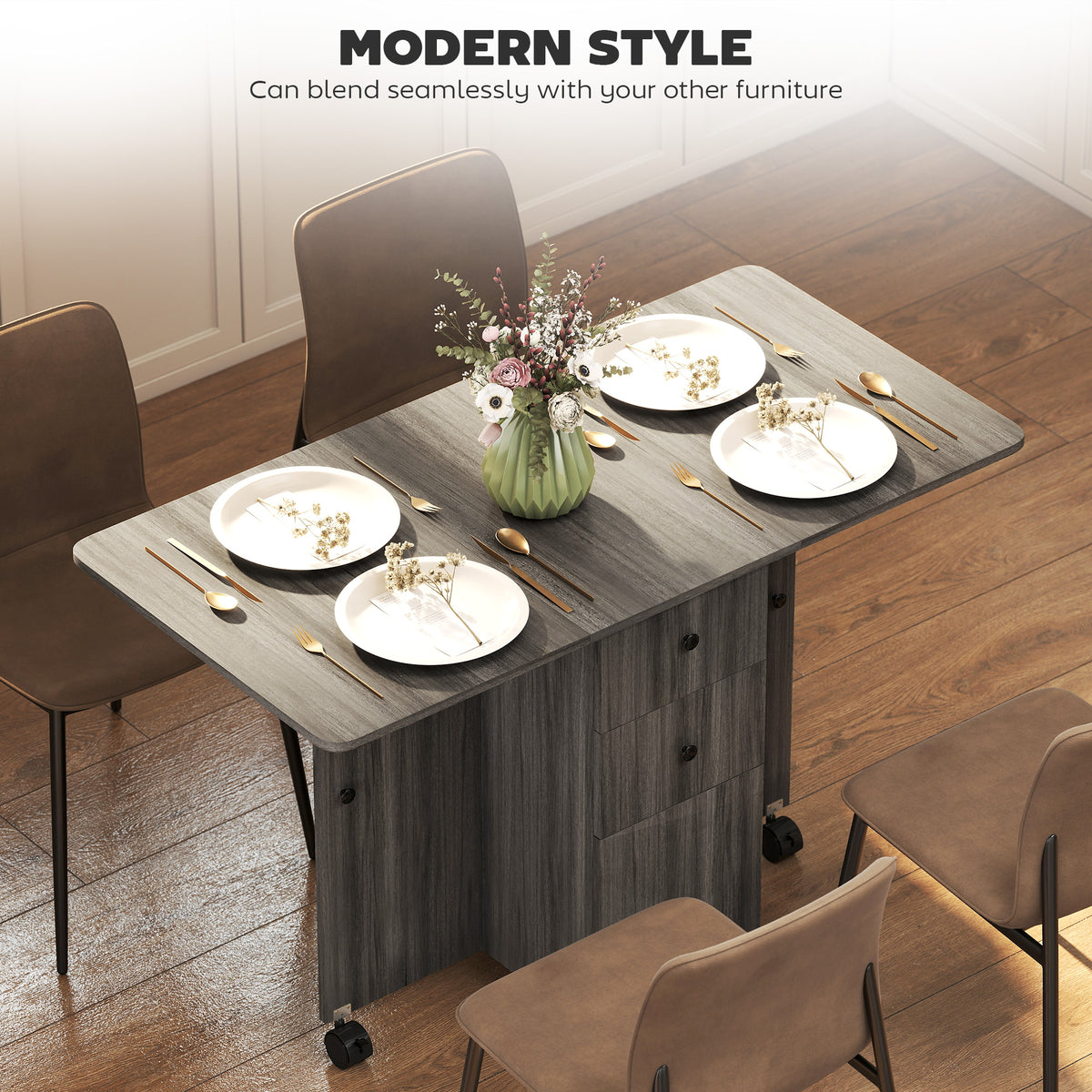 Wooden Drop Leaf Dining Table for 4 to 6 People With Multi-Storage - Velmora