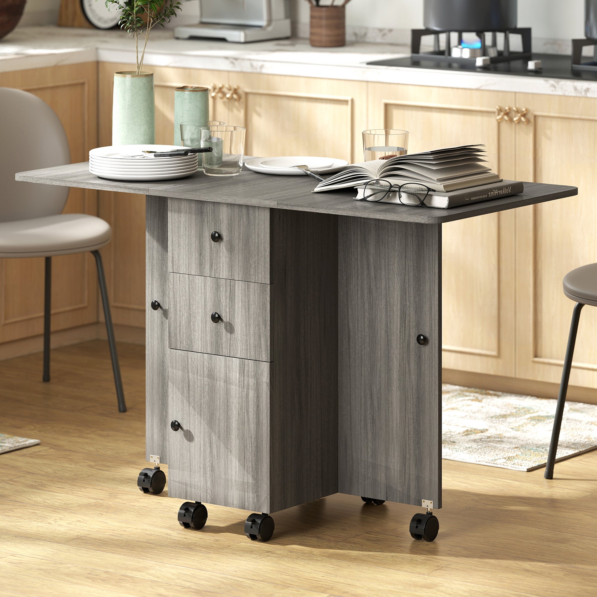 Wooden Drop Leaf Dining Table for 4 to 6 People With Multi-Storage - Velmora