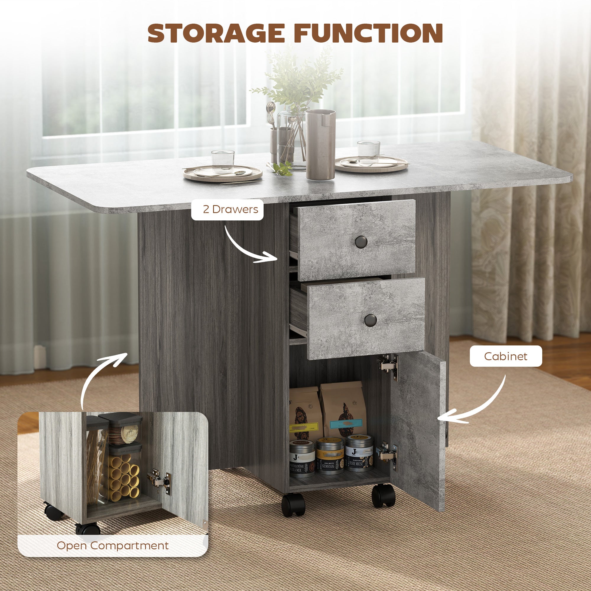 Wooden Drop Leaf Dining Table for 4 to 6 People With Multi-Storage - Velmora