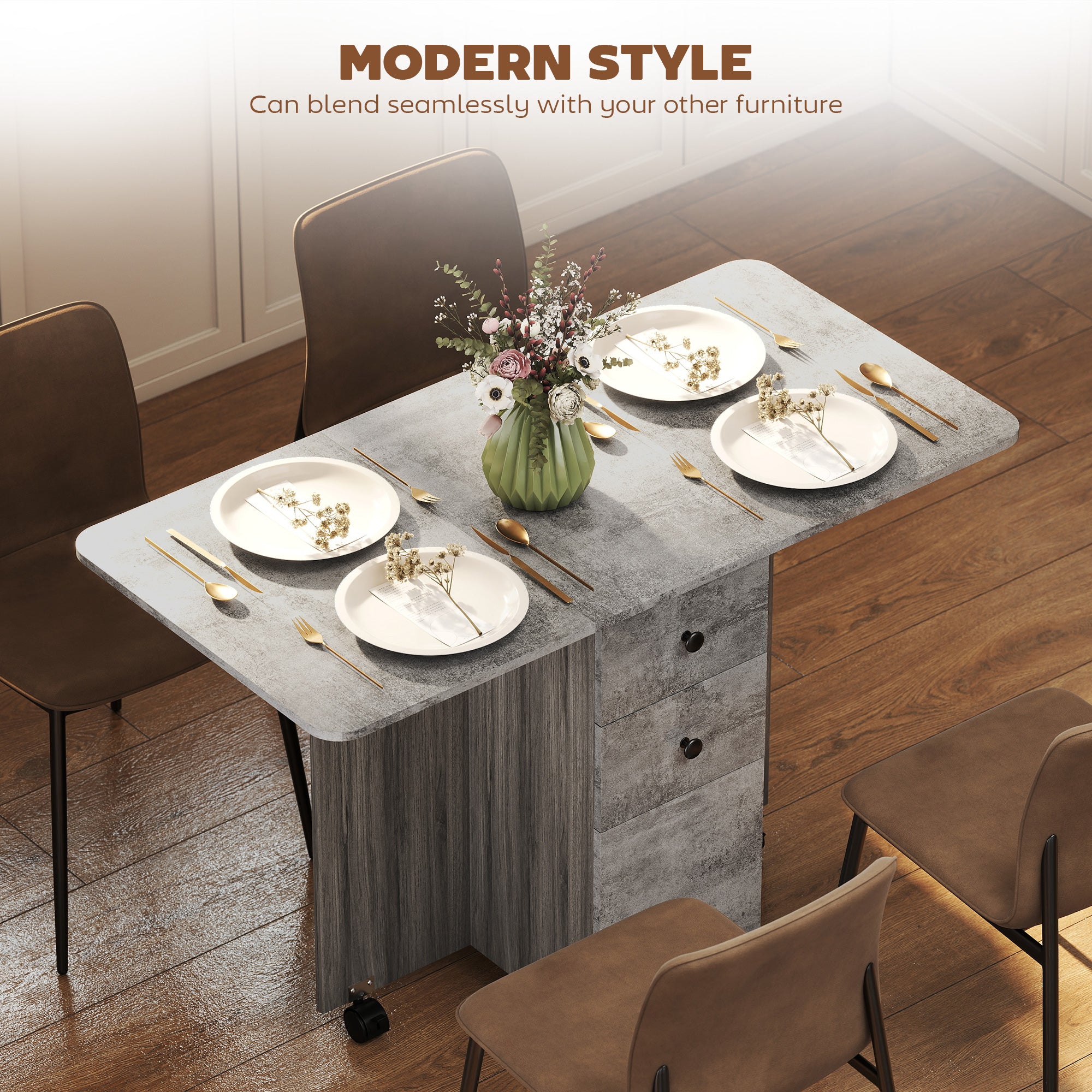 Wooden Drop Leaf Dining Table for 4 to 6 People With Multi-Storage - Velmora