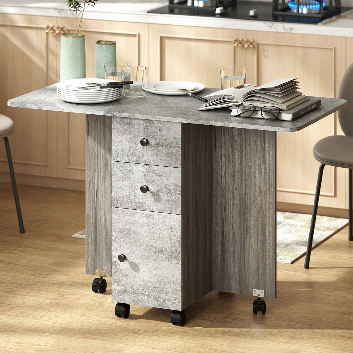 Wooden Drop Leaf Dining Table for 4 to 6 People With Multi-Storage - Velmora