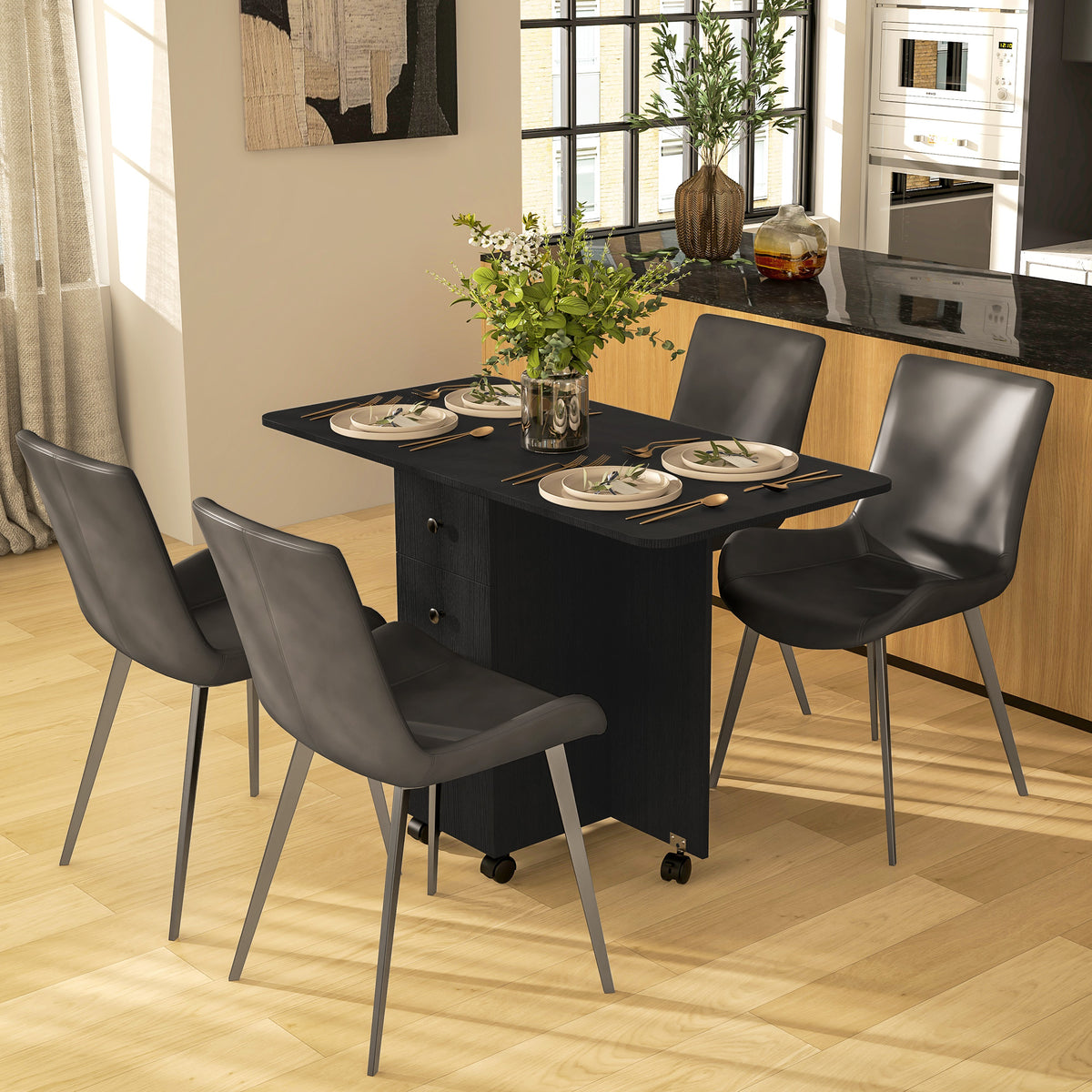 Wooden Drop Leaf Dining Table for 4 to 6 People With Multi-Storage - Velmora