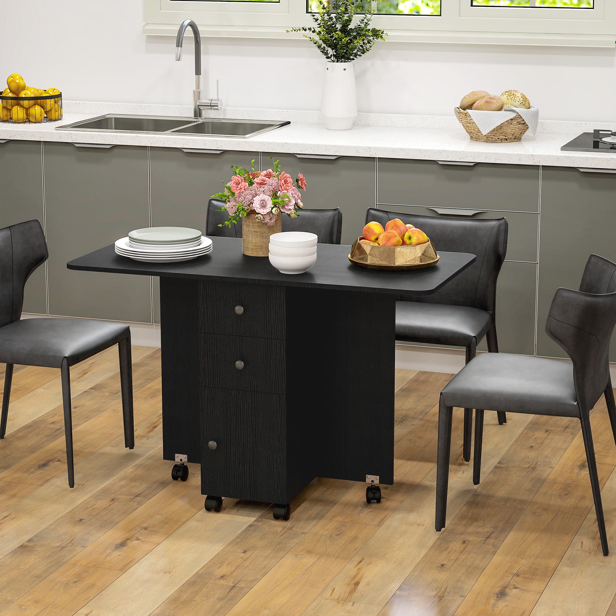 Wooden Drop Leaf Dining Table for 4 to 6 People With Multi-Storage - Velmora