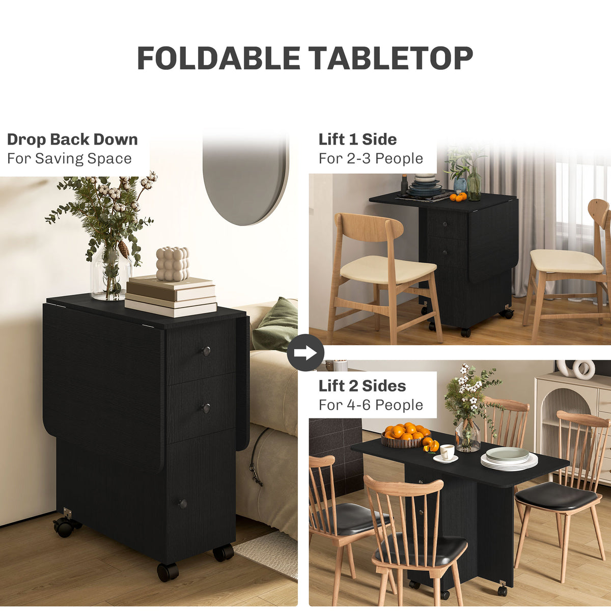 Wooden Drop Leaf Dining Table for 4 to 6 People With Multi-Storage - Velmora