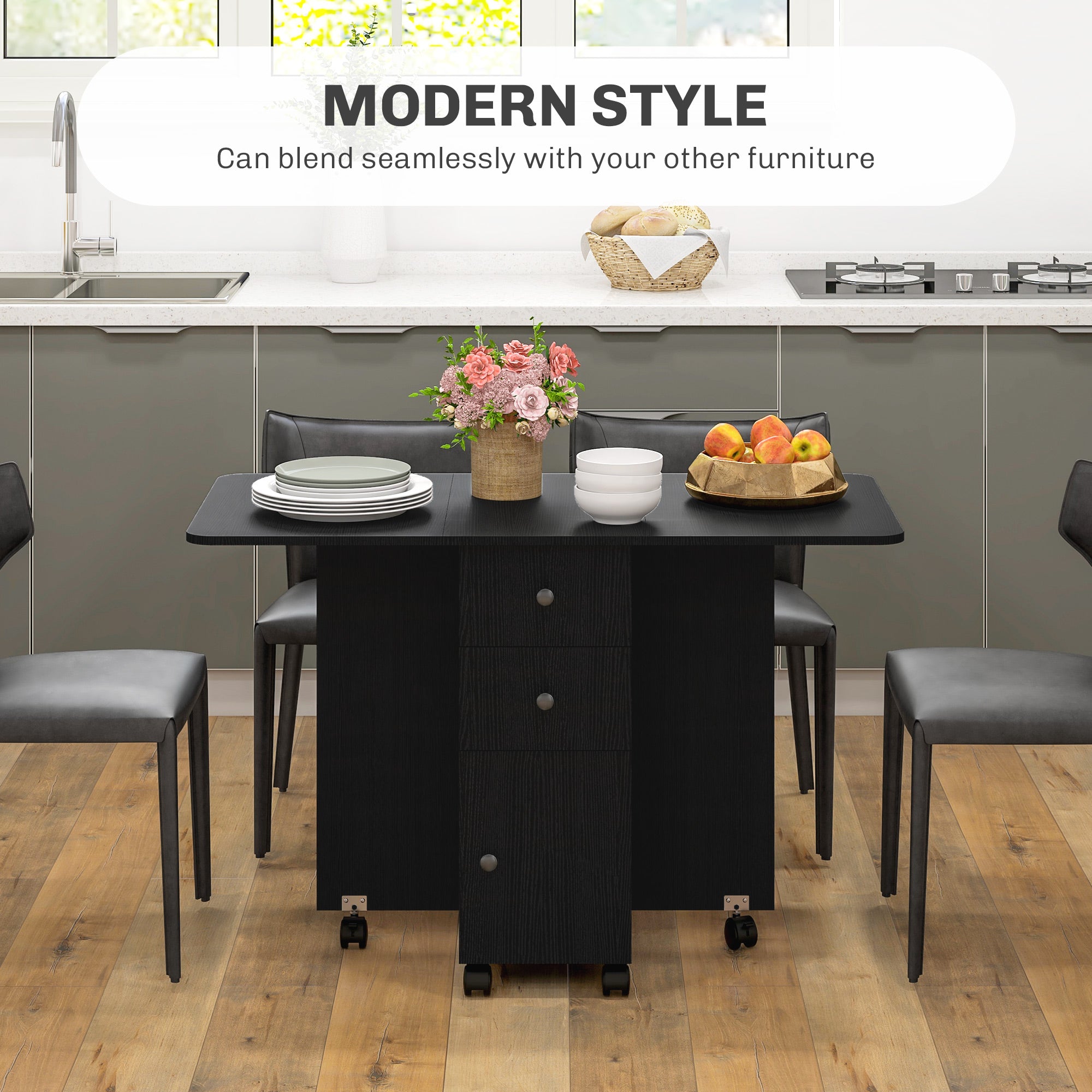 Wooden Drop Leaf Dining Table for 4 to 6 People With Multi-Storage - Velmora