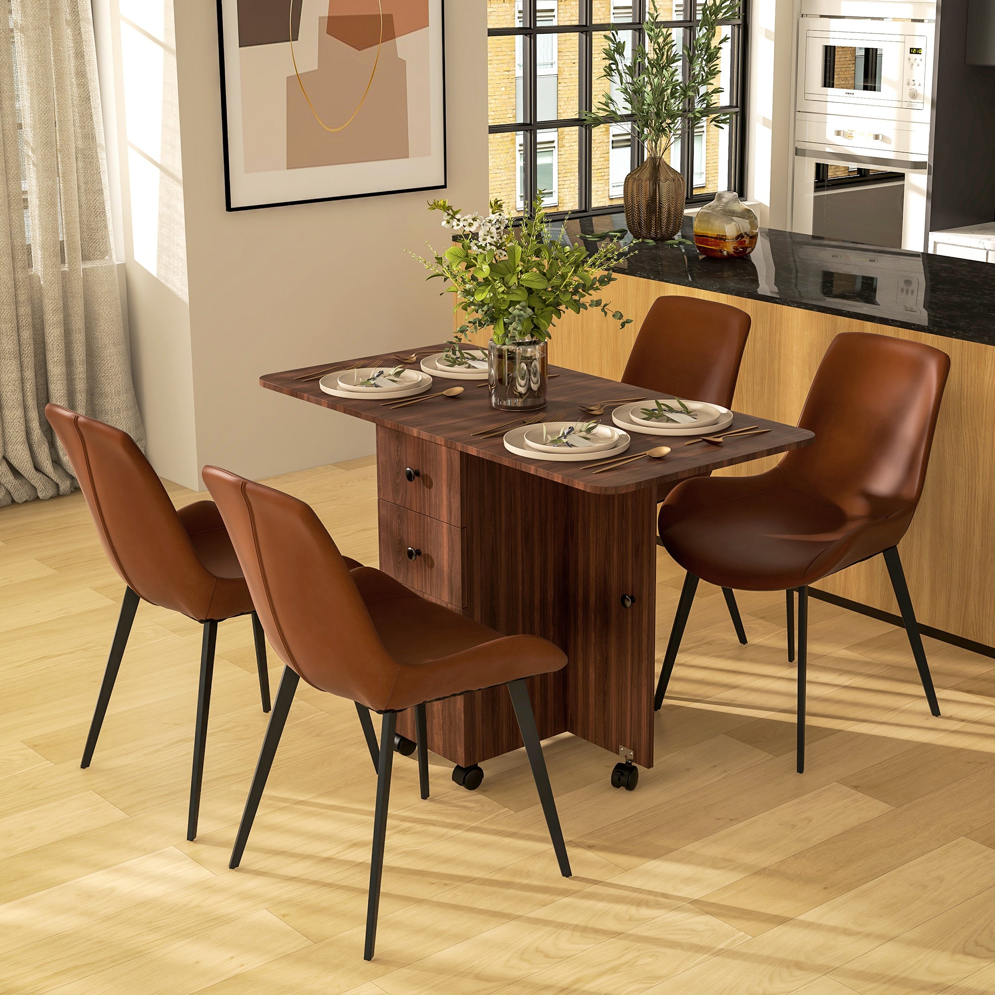 Wooden Drop Leaf Dining Table for 4 to 6 People With Multi-Storage - Velmora