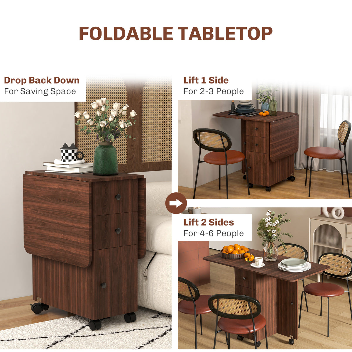 Wooden Drop Leaf Dining Table for 4 to 6 People With Multi-Storage - Velmora