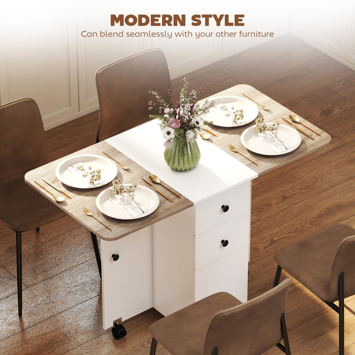 Wooden Drop Leaf Dining Table for 4 to 6 People With Multi-Storage - Velmora
