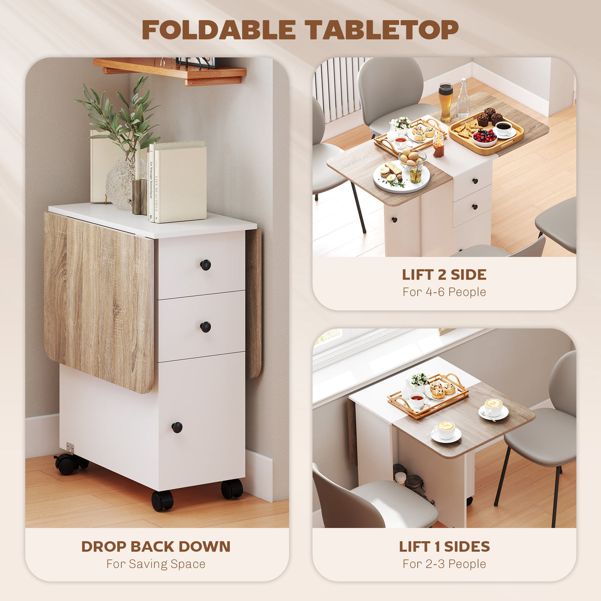 Wooden Drop Leaf Dining Table for 4 to 6 People With Multi-Storage - Velmora
