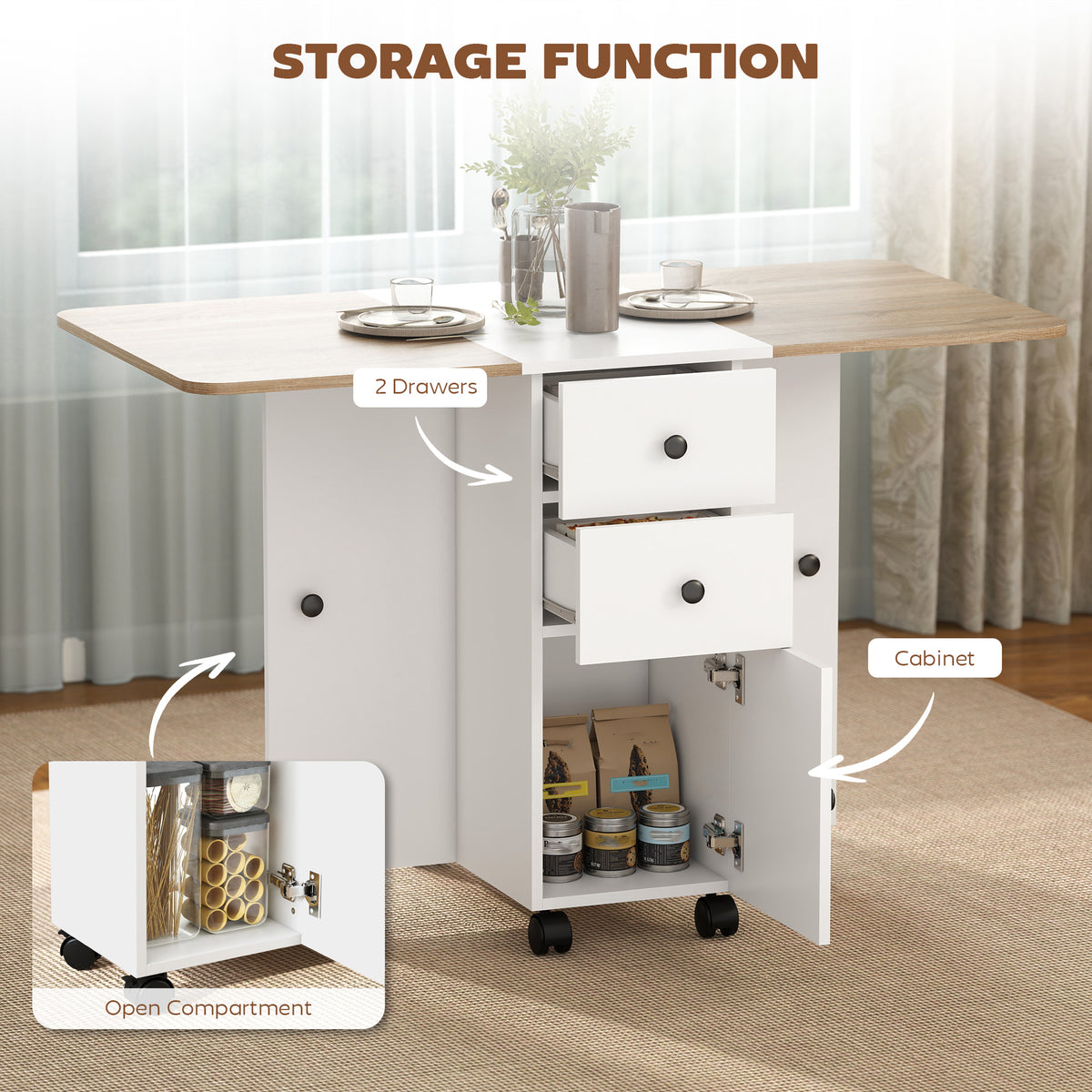 Wooden Drop Leaf Dining Table for 4 to 6 People With Multi-Storage - Velmora