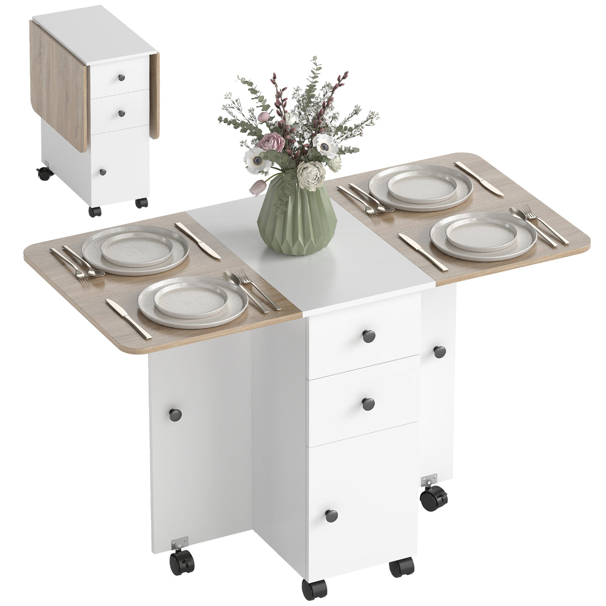 Wooden Drop Leaf Dining Table for 4 to 6 People With Multi-Storage - Velmora