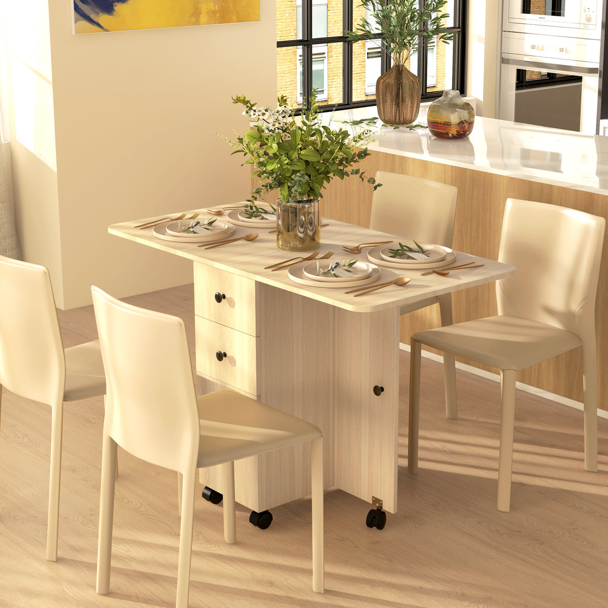 Wooden Drop Leaf Dining Table for 4 to 6 People With Multi-Storage - Velmora