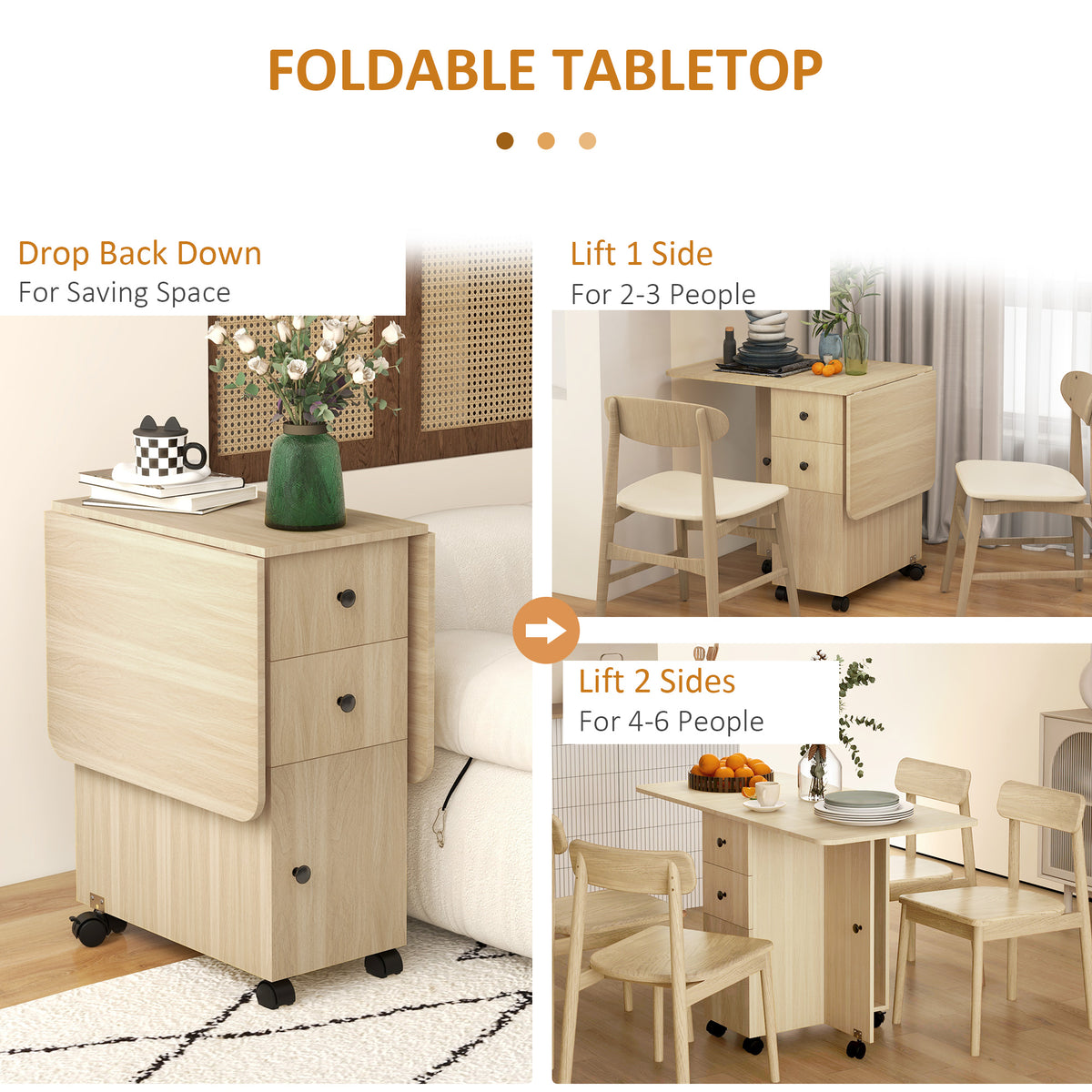 Wooden Drop Leaf Dining Table for 4 to 6 People With Multi-Storage - Velmora