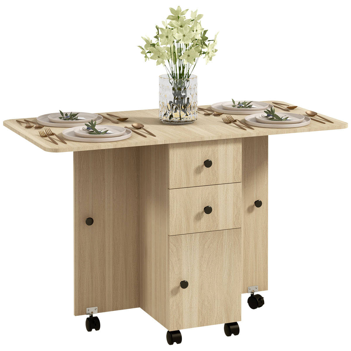 Wooden Drop Leaf Dining Table for 4 to 6 People With Multi-Storage - Velmora