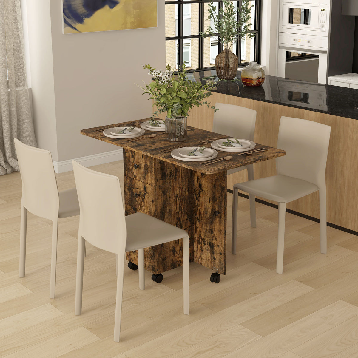 Wooden Drop Leaf Dining Table for 4 to 6 People With Multi-Storage - Velmora